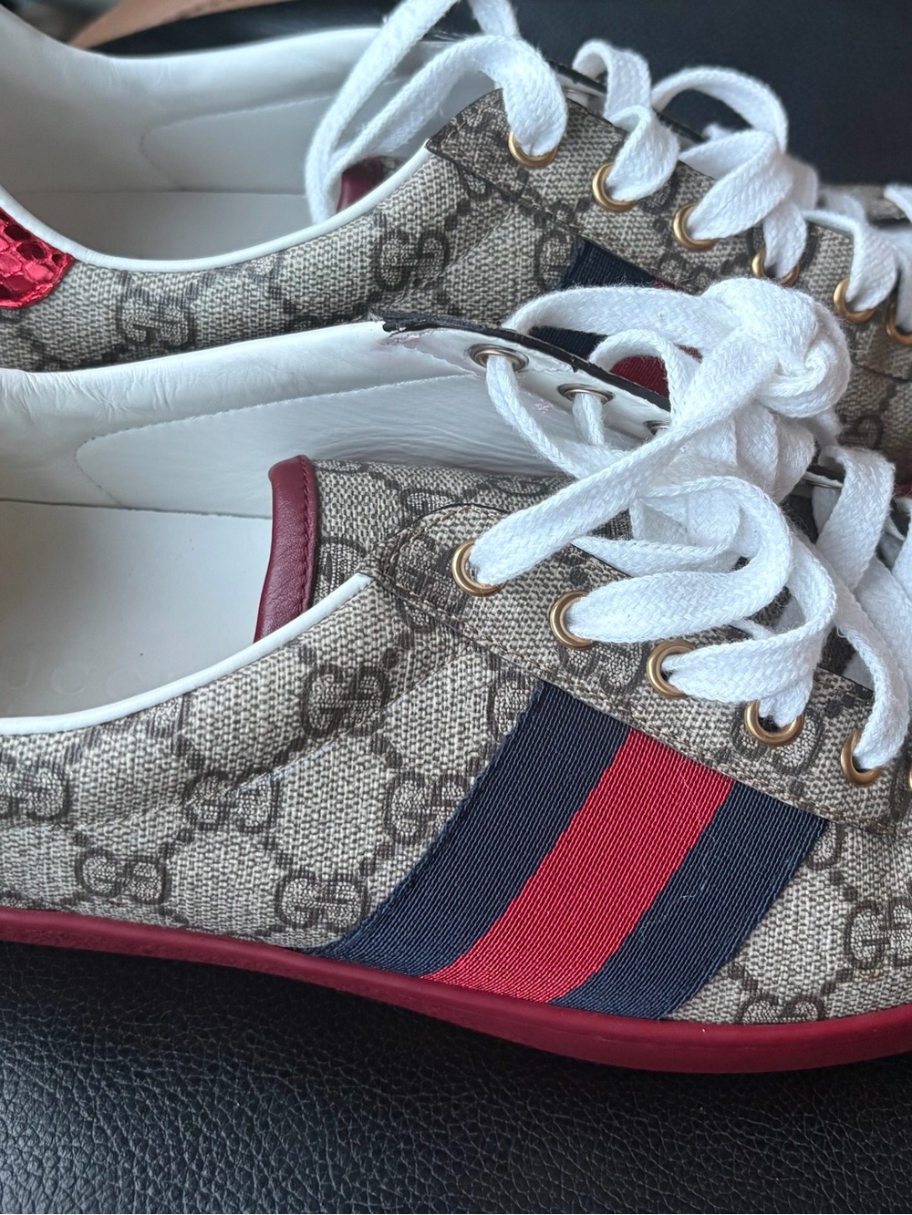 Gucci Beige GG Canvas Sneakers with Red & Navy Stripe